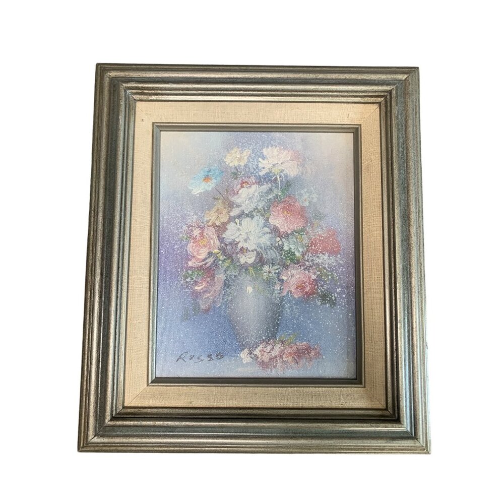 Vintage Signed by Rizzo Floral Bouquet Canvas Art in Ornate Silver Frame 15x13